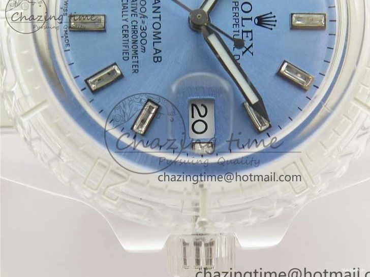 KZF Best Transparent on Phantomlab Rubber Edition VR3135 Dial Blue Light Strap White Submariner 0219